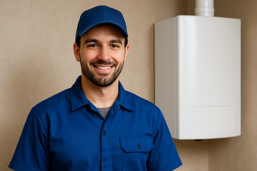 A contractor in front of a boiler